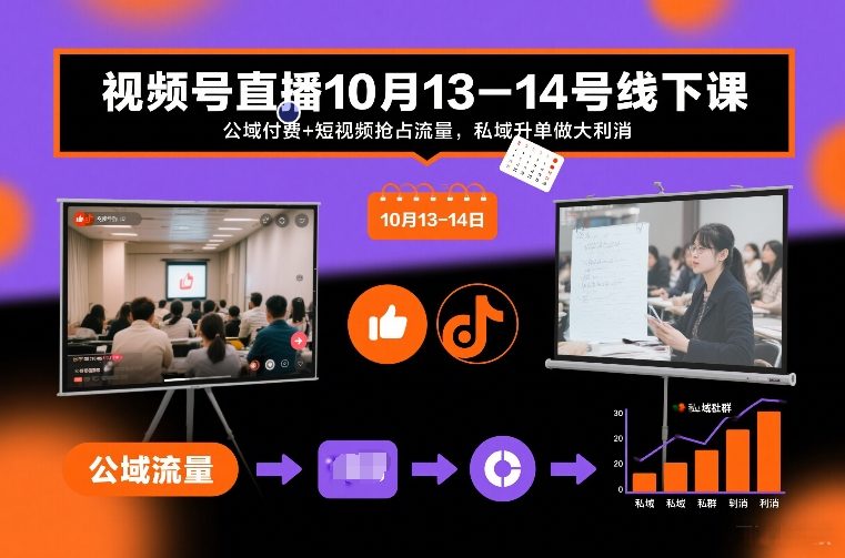 视频号直播10月13-14号线下课,公域付费+短视频抢占流量,私域升单做大利消-百盟网