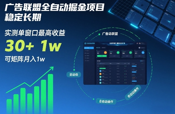 广告联盟全自动掘金项目，稳定长期，实测单窗口最高收益30+，可矩阵月入1w+【揭秘】-百盟网