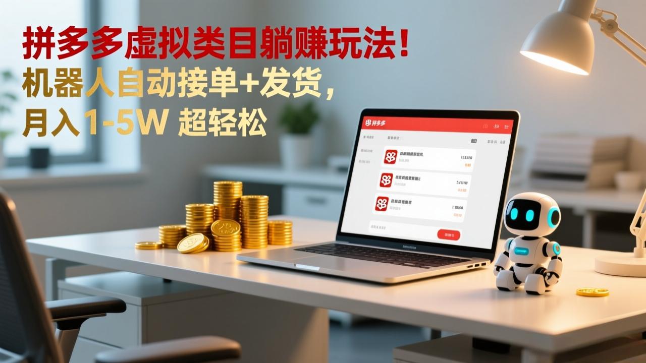多多虚拟类目躺赚玩法！机器人自动接单+发货，月入 1-5W 超轻松-百盟网
